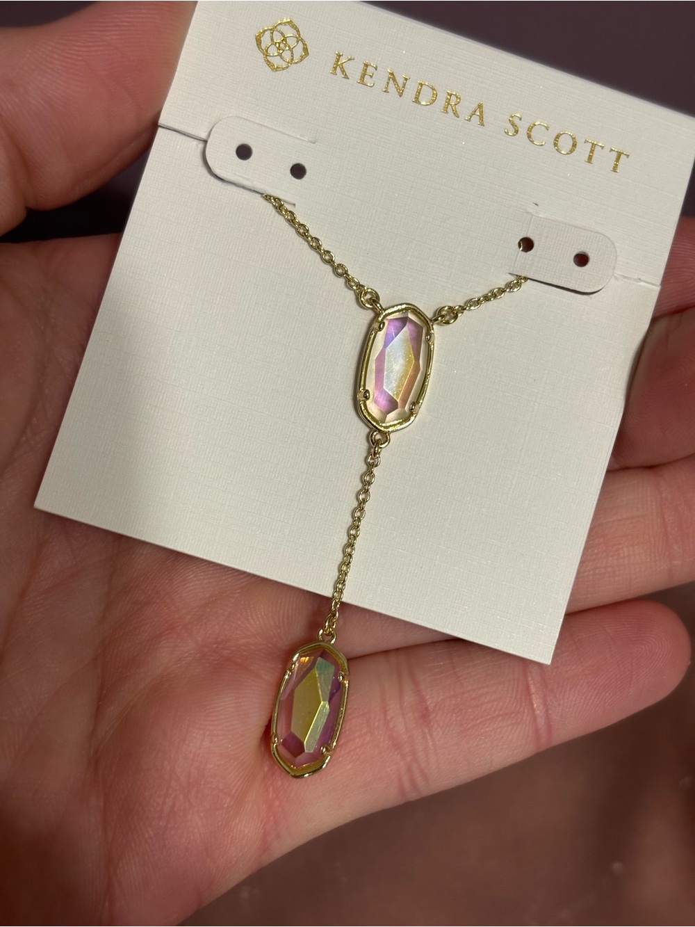 Kendra Scott Gold Lariat Necklace with Iridescent Stones